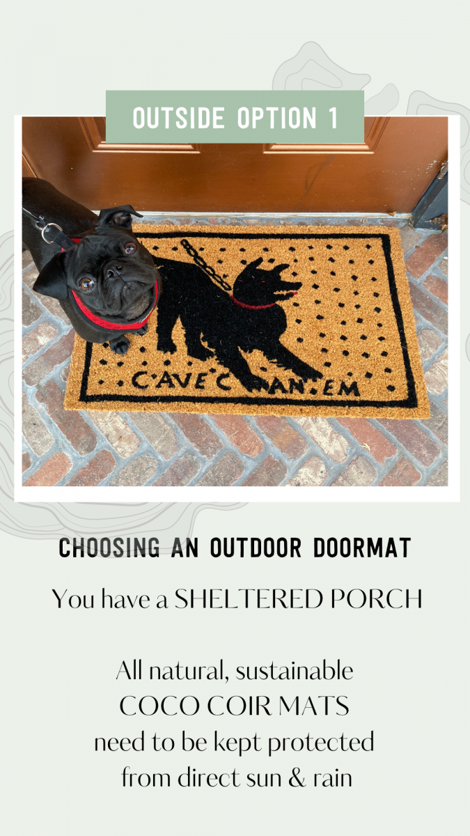 pin image about choosing an outdoor doormat picture of a coir doormat with a picture of the pompeii mosaic beware of dog and a little black pug